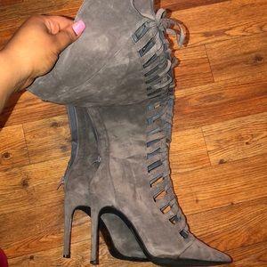 Gray suede lace up heel boots